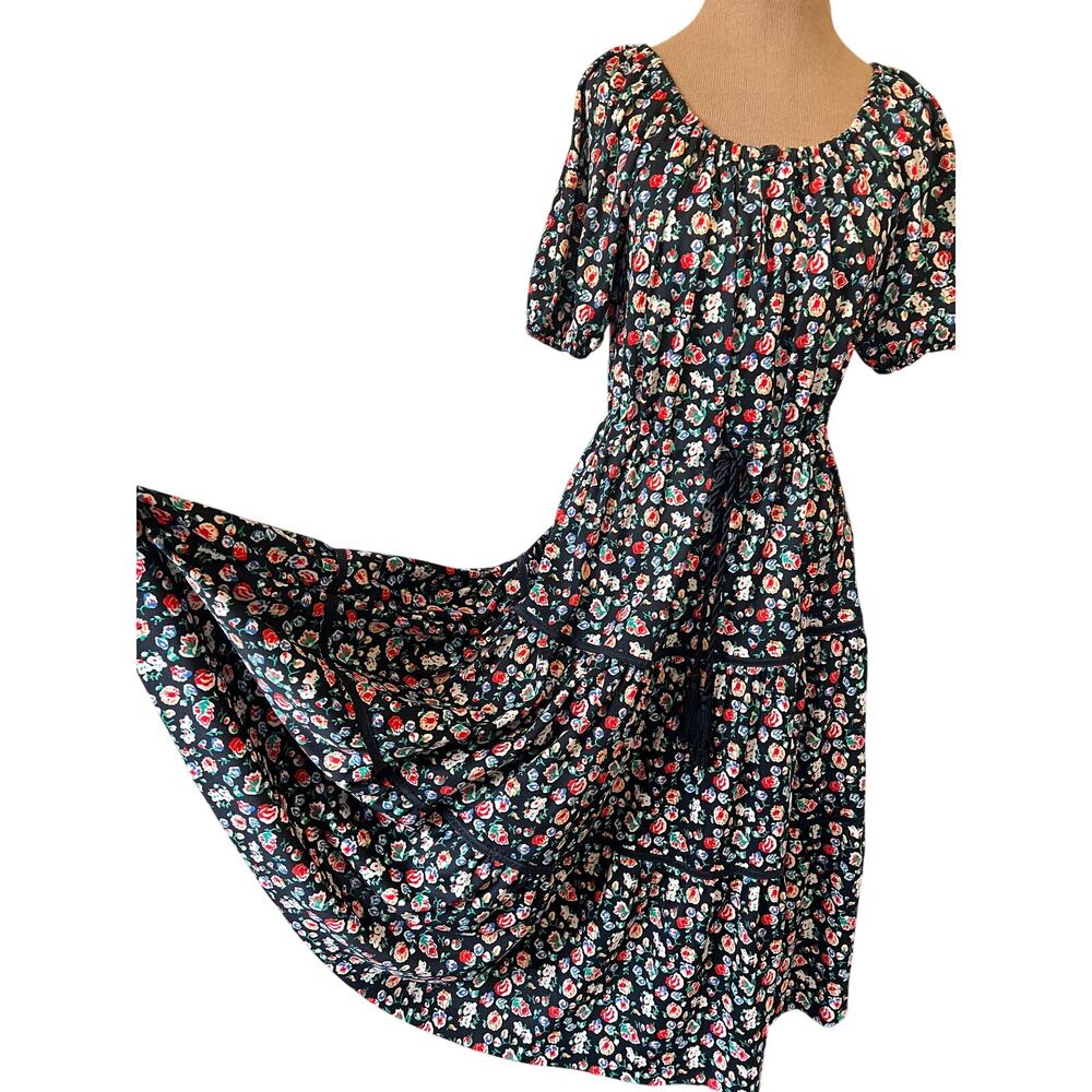Vintage floral midi dress tiered bottom tie waist peasant cottage core retro 70s
